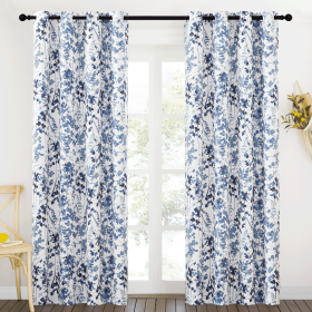 Blackout Floral Curtains for Living Room, Watercolor Foliage Light Blocking Curtains Thermal Insulated Energy Efficient Grommet Drapes, Blue, 52"