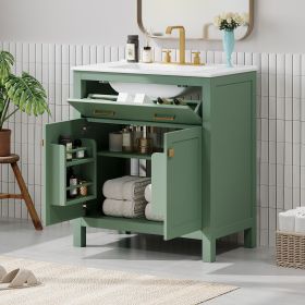 30-inch Bathroom Vanity with Ceramic Sink, Modern Green Single Bathroom Cabinet with 2 Doors and a Shelf, Soft Close Doors (Color: green, Material: Solid Wood+MDF)